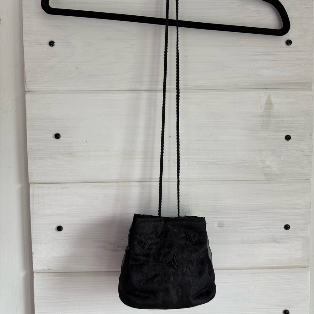 Vintage - Little Black Satin and Beaded Evening Bag